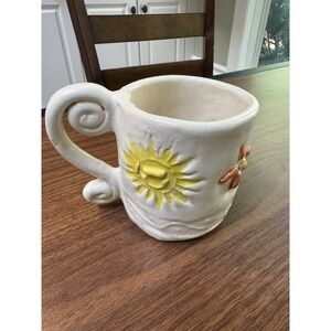 Handmade Ceramic Pottery Mug Sun Flowers‎ Spiral Handle Coffee Cup Rustic Art